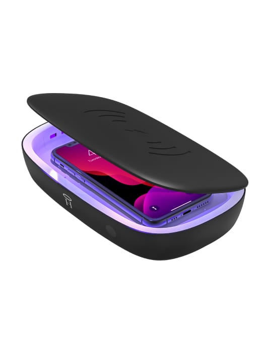 cell phone sitting in a uv sanitizer