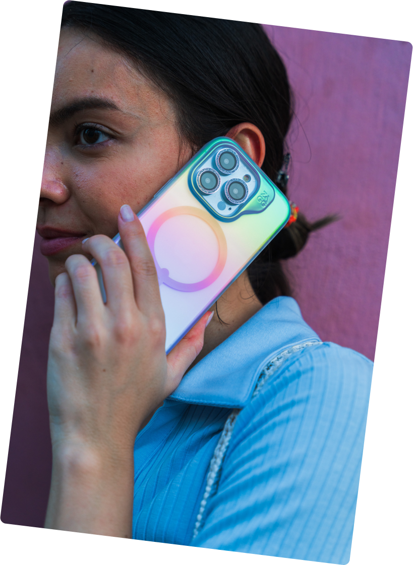 lady talking on a phone with a case protecting the phone