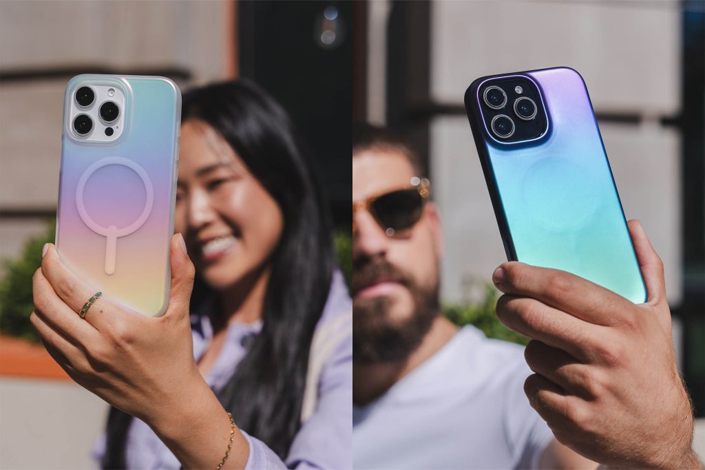 gentleman and woman holding milan iridescent snap iphone 16