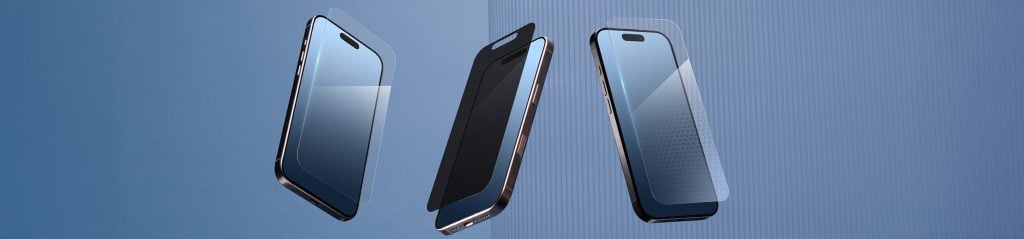 three iphones with Zagg bluelight filters on a dark background